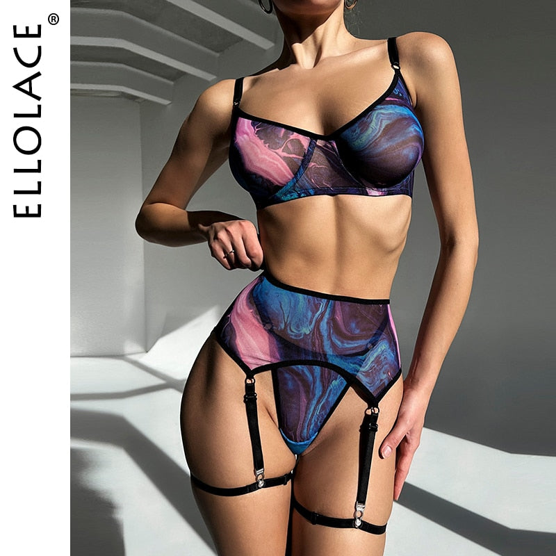 Ellolace Tie Dye Lingerie Fancy Underwear Bra Kit Push Up See Through Seamless Briefs Garter Belt Set Sexy Lace Intimate