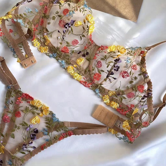 Sexy Lace Set 2 Pieces Transparent Embroidery Erotic Bra And Panty Set