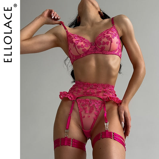 Ellolace Fancy Lingerie Heart-Shaped Embroidery Underwear Ruffle Garter Brief Sets See Through Luxury Lace Fairy Intimate