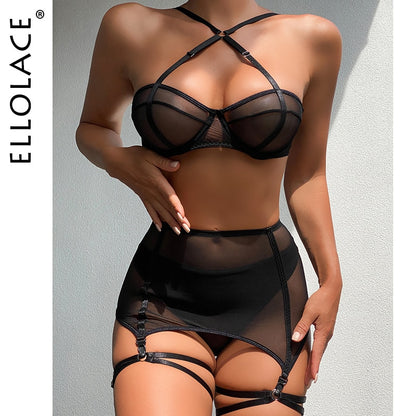 Lingere Bandage Garter With Stockings Transparent Bra Hard 3-Piece Black