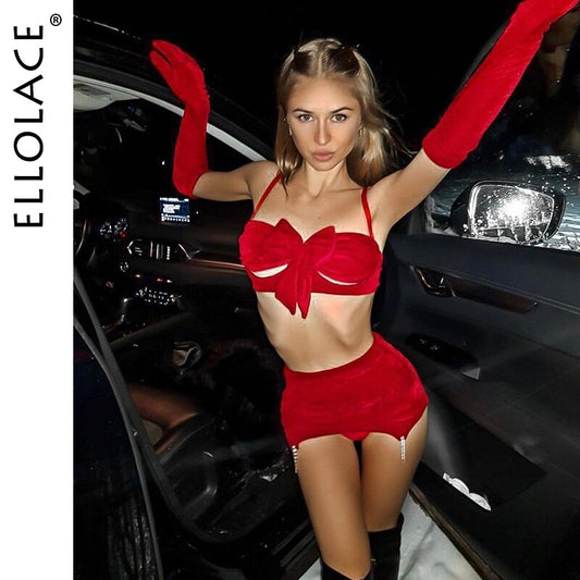 Ellolace Bowknot Lingerie Red Hot Sexy Outfits Open Bra Underwear Velvet Sensual Intim Goods With Gloves Festivals Pantys Set