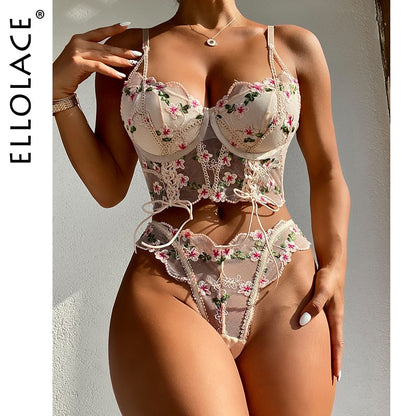 Ellolace Fancy Lingerie Sexy Underwear Set Women 2 Piece Fairy Floral Embroidery Delicate Brief Lace Up Transparent Bra Intimate