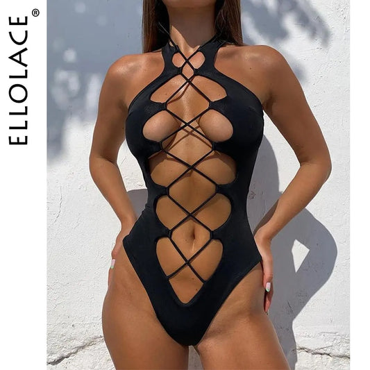 Ellolace Bandage Women's Swimsuit Sexy Hollow Out Swimwear Extreme Microbikini One Piece Bodysuit Whole Halter Bathing Suit