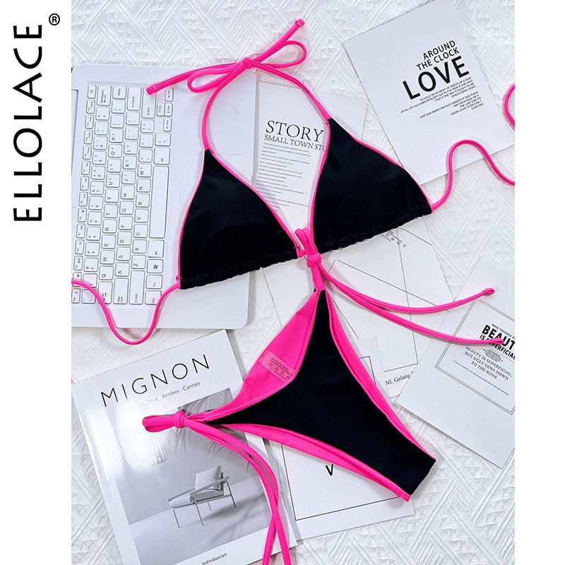 Halter Swimsuit Micro Bikini Patchwork Swimwear Sexy Summer Bathing Suits Lace Up Swimming Separate Beach