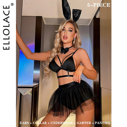 Ellolace Bunny Pink Lingerie Sexy Bubble Skirt 5-Piece Bright Exotic Sets Lace Nightclub Underwear Pole Dancing Ruffle Outfit