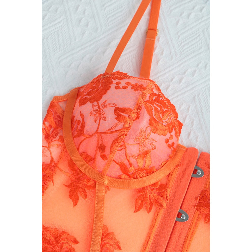 Ellolace Corset Lingerie Fancy Lace Underwear Transparent Embroidery Erotic Outfits Thongs Fitness Front Closure Orange 2-Pieces