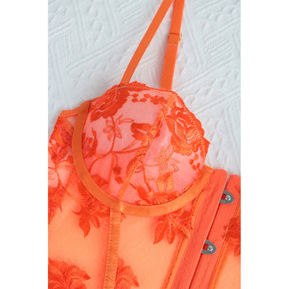 Ellolace Corset Lingerie Fancy Lace Underwear Transparent Embroidery Erotic Outfits Thongs Fitness Front Closure Orange 2-Pieces