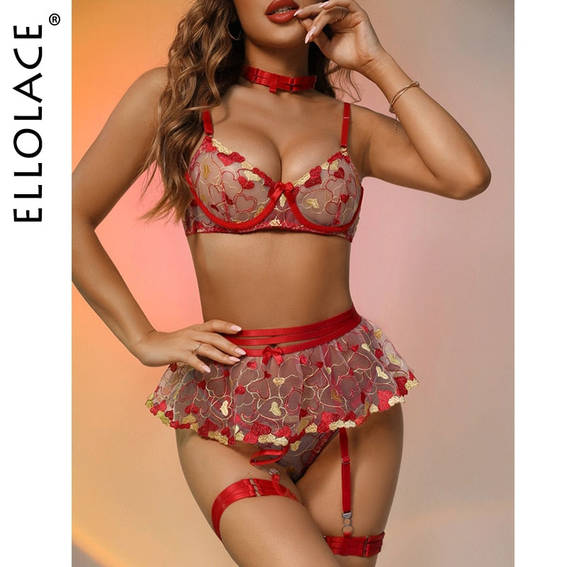 Ellolace Valentine Lingerie Fancy Beautiful Underwear Ruffle Garters Heart-Shaped Embroidery Transparent Bra Sensual Exotic Set