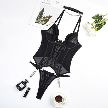 Fancy Lingerie Backless Lace Up Corset Set