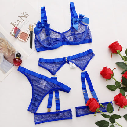 Ellolace Sexy Neon Lingerie With Socks Lace Bowknot Transparent Underwear Sheer Mesh 5-Pieces Hot See Through Exotic Sets