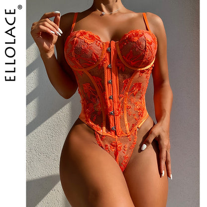 Ellolace Corset Lingerie Fancy Lace Underwear Transparent Embroidery Erotic Outfits Thongs Fitness Front Closure Orange 2-Pieces
