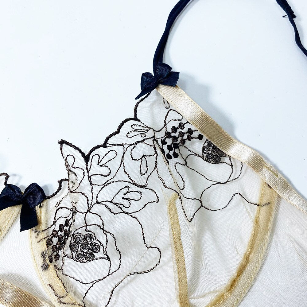 Ellolace Lingerie Sexy Transparent Bra Underwire Sheer Hot Porn Erotic Costumes Bowknot Floral Embroidery Garters Exotic Sets
