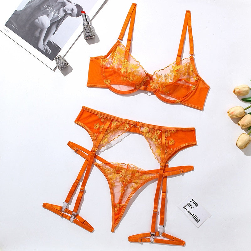 Ellolace Lace Embroidery Lingerie Sexy Transparent Underwear Erotic 3-Piece Orange Mesh Bra Short Skin Care Kits Bilizna Set
