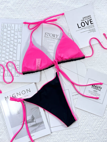 Halter Swimsuit Micro Bikini Patchwork Swimwear Sexy Summer Bathing Suits Lace Up Swimming Separate Beach