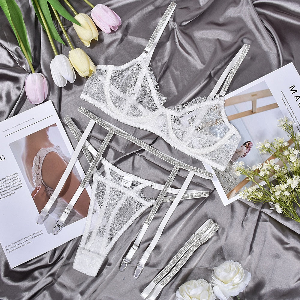 Rhinestone Sheer Lace Bra Kit Push Up Transparent Sets
