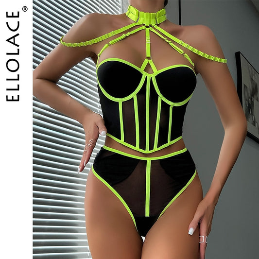 Ellolace Sexy Fine Lingerie Corset Bra Delicate Underwear Halter Bra Kit Push Up Bilizna Set Contrast Color Fine Intimate