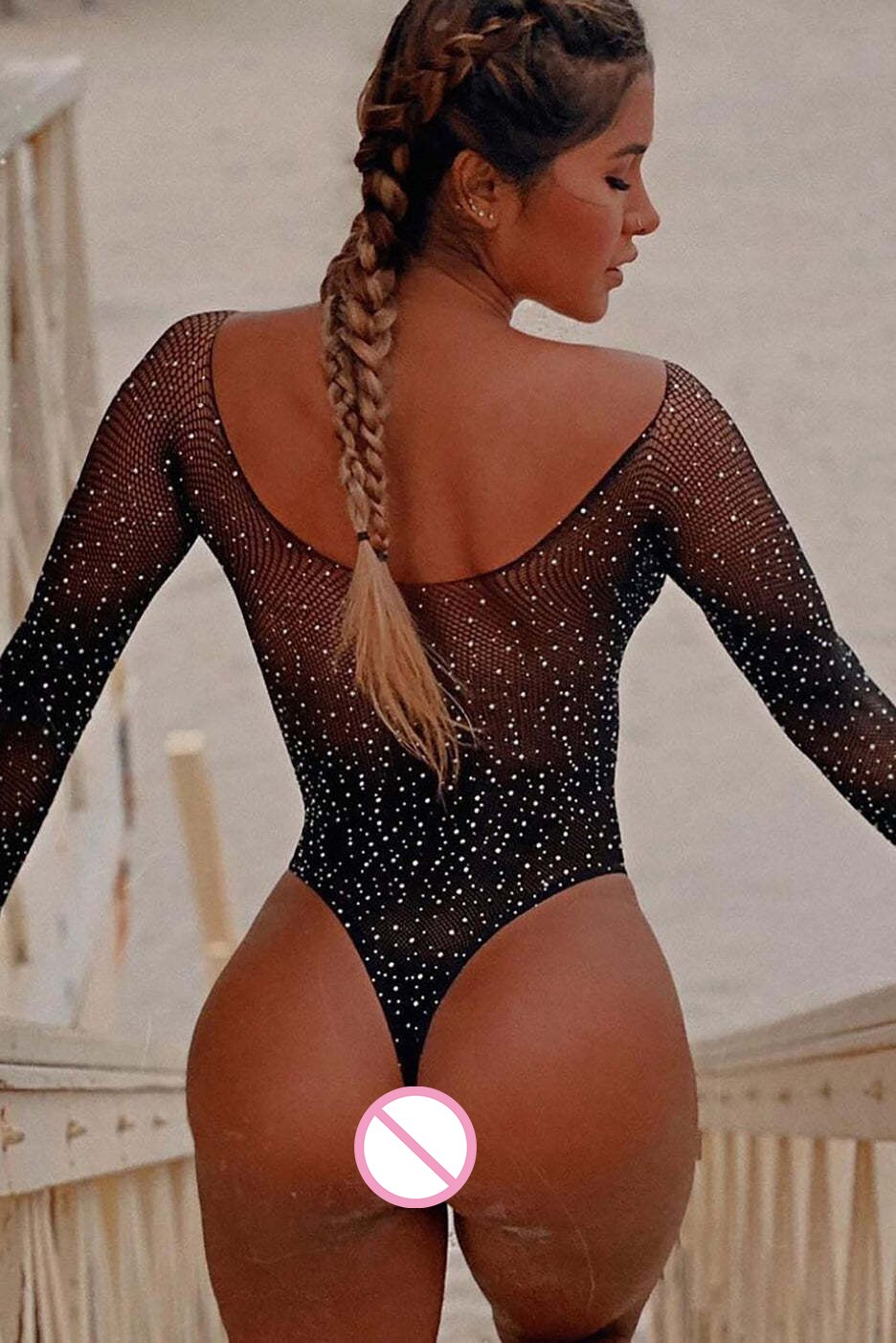 Off Shoulder Fishnet Bodystocking Sexy Transparent Glitter Long Sleeve Bodysuit