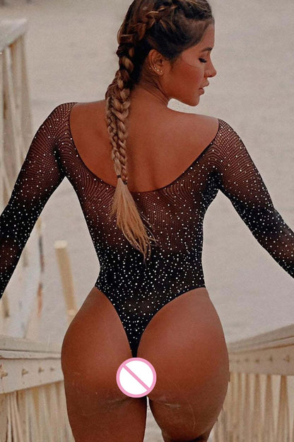 Off Shoulder Fishnet Bodystocking Sexy Transparent Glitter Long Sleeve Bodysuit