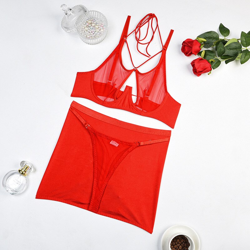 Sheer Transparent Sexy Bandage Erotic Bra Set With Garter