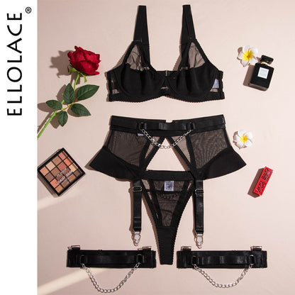 Ellolace Sensual Lingerie Sissy Transparent Bra Fine Underwear 4-Piece Luxury Garter Sheer Lace Outfit Seamless Intimate