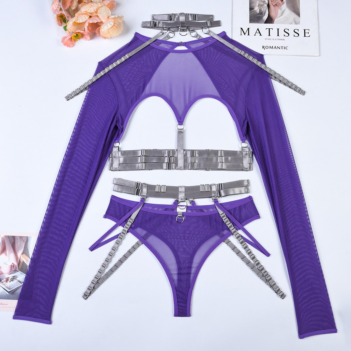 Sexy Costume Cut Out Transparent t-Shirts Gothic 4-Piece Garter Belt