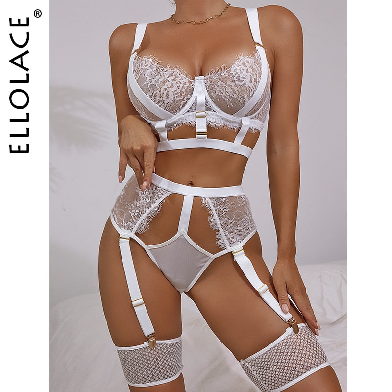 Ellolace Sensual Lingerie Woman Hot Sexy Hollow Out Bra Lace Briefs Sets Push Up Underwire Exotic Costumes Porn Lace Underwear