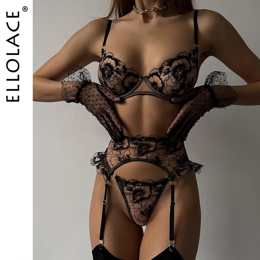 Ellolace Fancy Lingerie Floral Lace Underwear Seamless Bra 3-Piece Sheer Bra And Panty Ruffle Garter Brief Sets Luxury Intimate