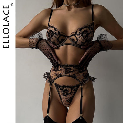 Ellolace Fancy Lingerie Floral Lace Underwear Seamless Bra 3-Piece Sheer Bra And Panty Ruffle Garter Brief Sets Luxury Intimate