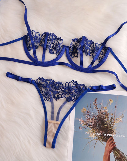 Cobalt Thongs Set 2 Pieces Lace Transparent Bra Erotic Pushup Sexy