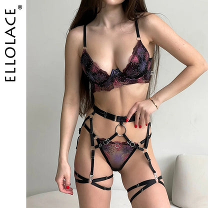 Ellolace Fireworks Embroidery Lingerie Luxury Lace Seamless Underwear Erotic Sexy Fairy Garter Belt Set Fancy Intimate