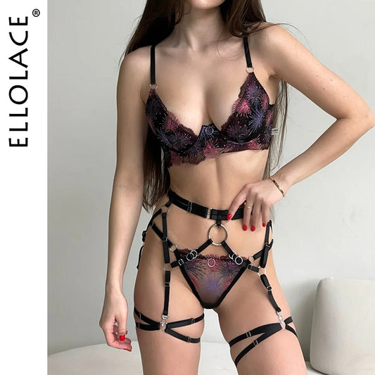 Ellolace Fireworks Embroidery Lingerie Luxury Lace Seamless Underwear Erotic Sexy Fairy Garter Belt Set Fancy Intimate