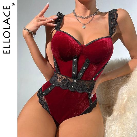 Velvet Bodysuit Lace Patchwork One-Piece Crotchless Teddy Fitness Ruffle Sexy Winter Tops