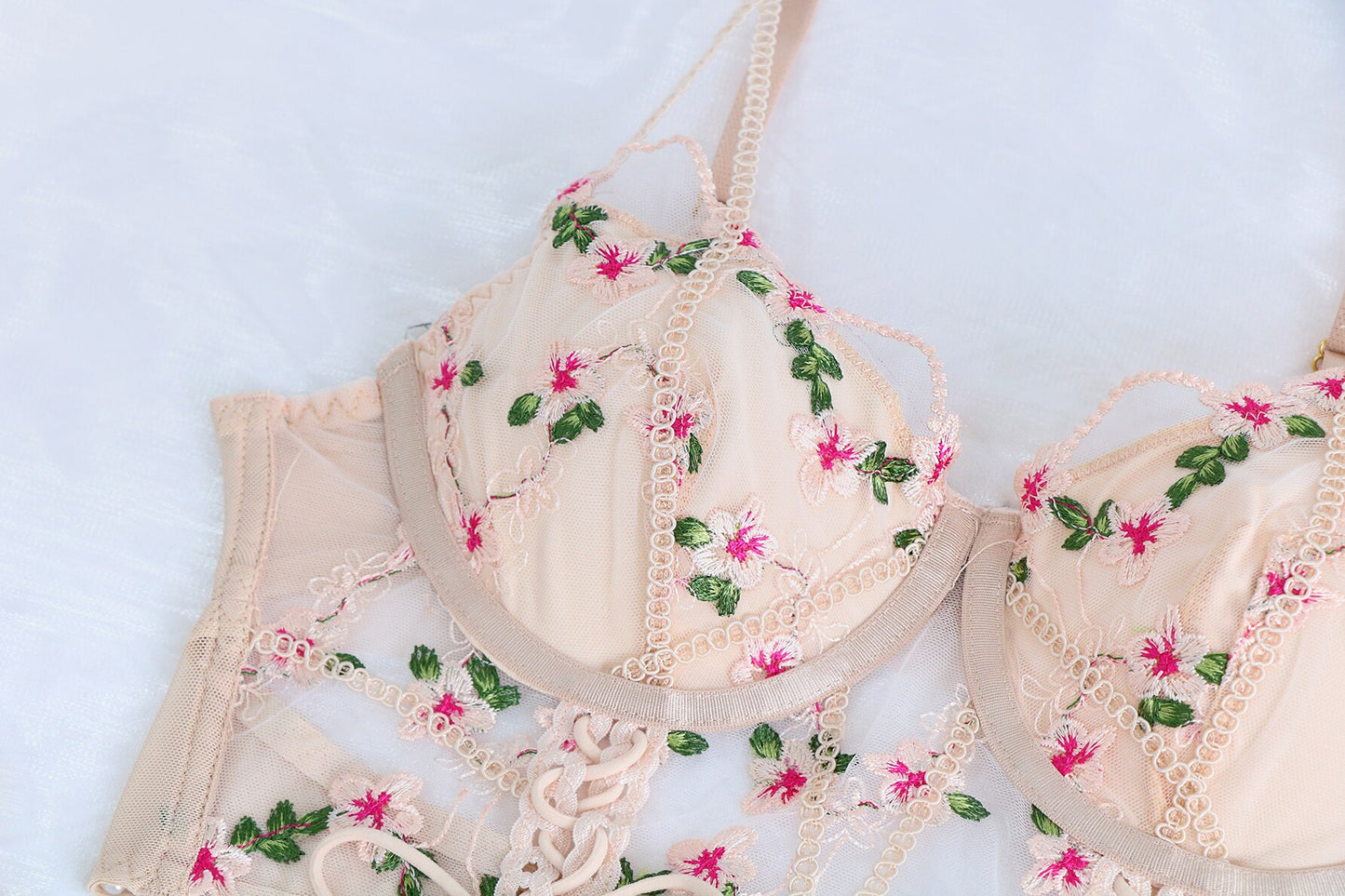 Ellolace Fancy Lingerie Sexy Underwear Set Women 2 Piece Fairy Floral Embroidery Delicate Brief Lace Up Transparent Bra Intimate