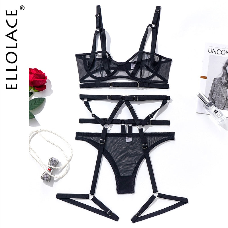 Sheer Lace Bandage Transparent Erotic 3-Piece Set Bra Garters Briefs Sexy