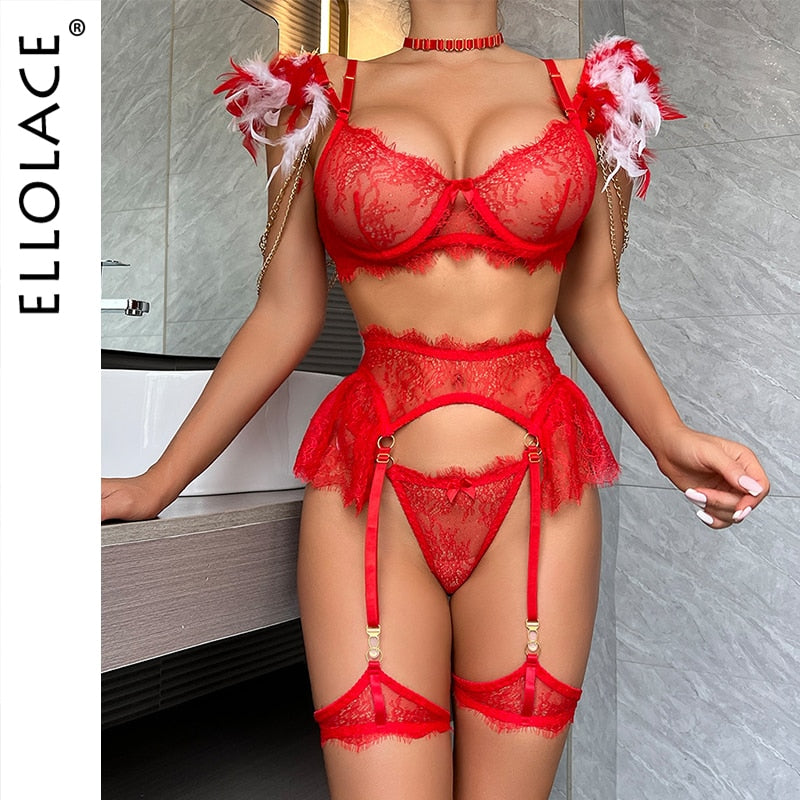 Ellolace Feather Lingerie Fancy Chic Underwear Bra Wirh Mental Chain Sexy Custome Uncensord Ruffle Garters 4-Piece Lace Intimate