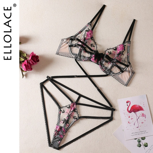 Erotic Transparent Bra Set Women 2 Piece Sets Floral Crotchless