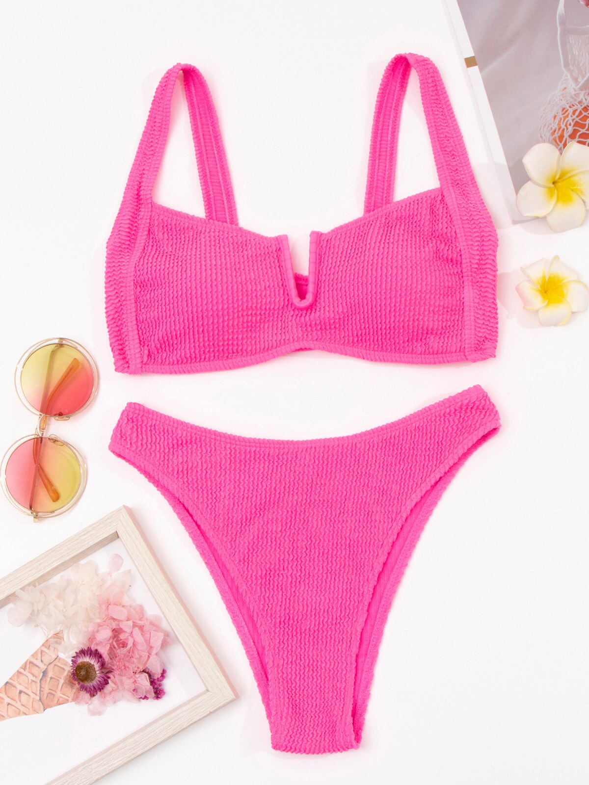 Ruched Swimwear Deep-V Swimsuit New Sexy Push Up Beach Bikini Separate Solid Bathing Women Brazilian