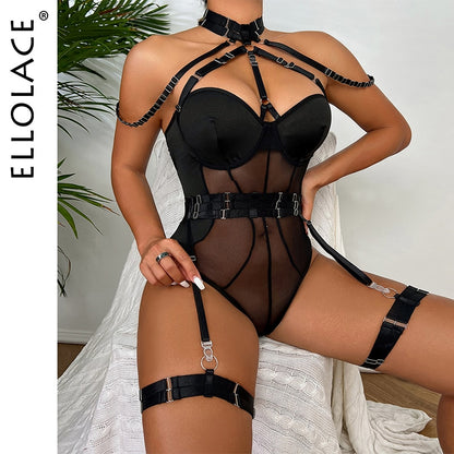 Bodysuit Women With Garters Sexy Boat One-Pieces Teddy Erotic Halter Open Croch