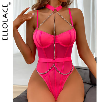 Erotic Bodysuit With Halter Chain Fitness Sexy Teddy High Leg Lace
