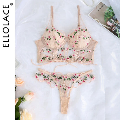 Ellolace Fancy Lingerie Sexy Underwear Set Women 2 Piece Fairy Floral Embroidery Delicate Brief Lace Up Transparent Bra Intimate