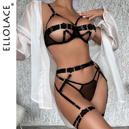 Ellolace Sensual Lingerie Erotic Open Bra Set Woman 4 Pieces Push Up Delicate Underwear Uncensored Fancy Luxury Porn Outfit