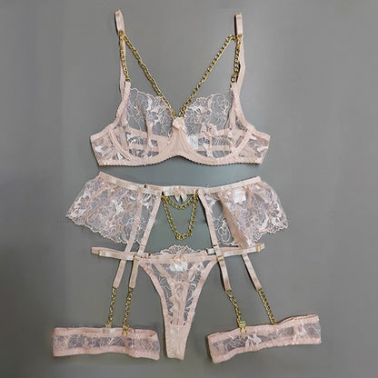 Lace Sexy Transparent Bra Panty Sets With Chain Sets 4-Piece