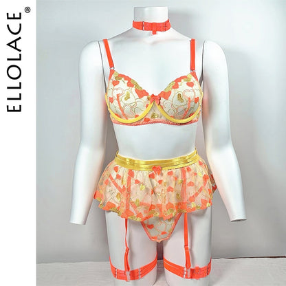Ellolace Valentine Lingerie Fancy Beautiful Underwear Ruffle Garters Heart-Shaped Embroidery Transparent Bra Sensual Exotic Set