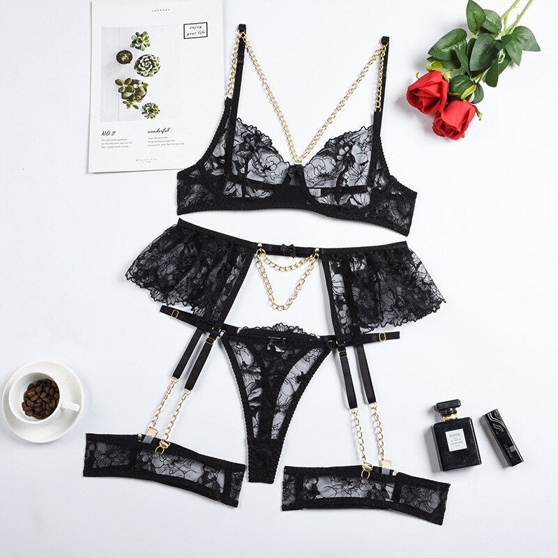 Lace Sexy Transparent Bra Panty Sets With Chain Sets 4-Piece