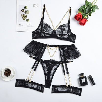 Lace Sexy Transparent Bra Panty Sets With Chain Sets 4-Piece