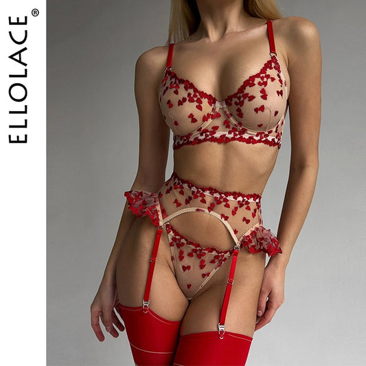 Ellolace Heart Sensual Lingerie Sheer Lace Embroidery Fancy Underwear 4-Piece Ruffle Sissy Intim Goods Delicate Sexy Outfits
