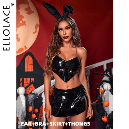 Ellolace Halloween Lingerie Bunny Latex Cosplay Sexy Costumes 4-Piece Thongs Halter Leather Sissy Underwear Nightclub Outfit