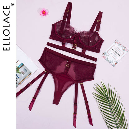 Ellolace Sensual Lingerie Woman Hot Sexy Hollow Out Bra Lace Briefs Sets Push Up Underwire Exotic Costumes Porn Lace Underwear