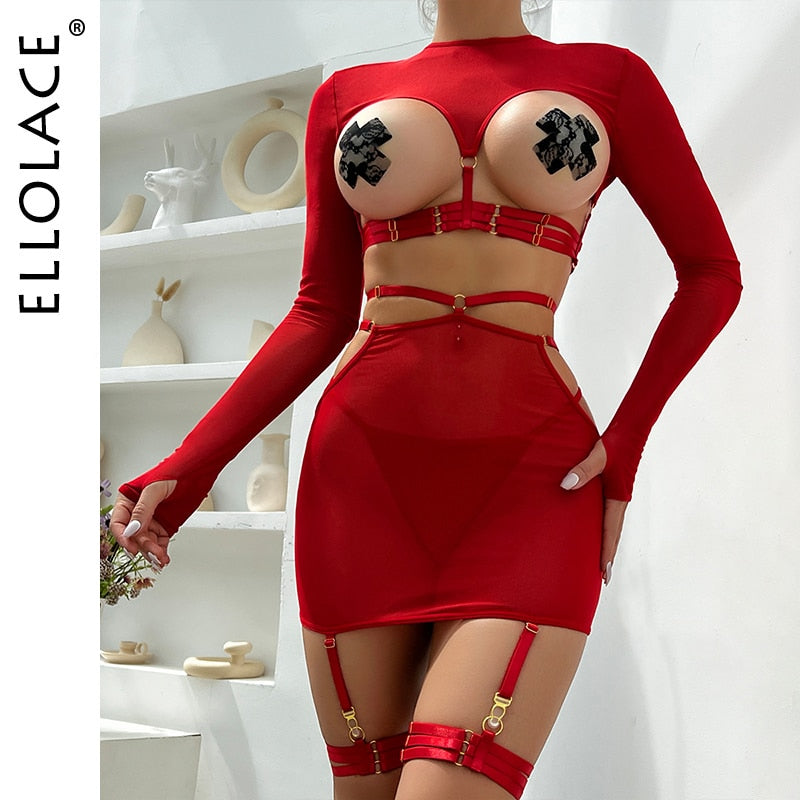 Hollow Long Sleeve Top Garter g-String Thongs And Playing Erotic Sets