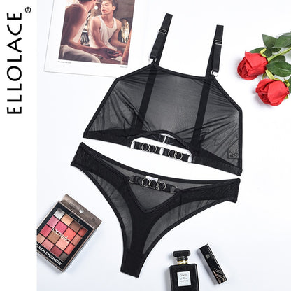 Ellolace Lingerie Cut Out Transparent Bra And Panty Set Woman 2 Pieces Seamless Female Underwear Sexy Outfits Black Intimate